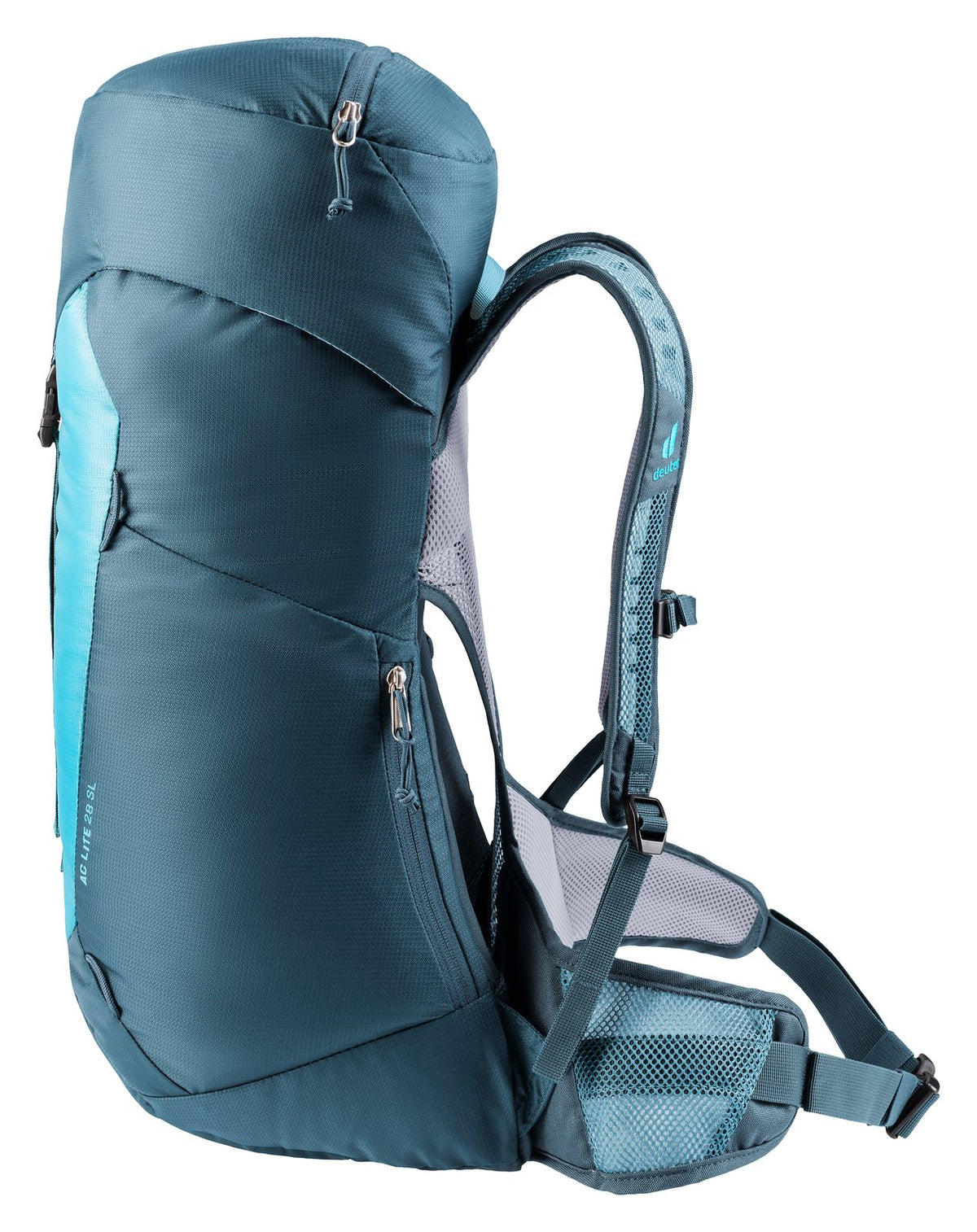 Deuter AC Lite 28 SL in Lagoon Atlantic, side view of the side pocket zip and hip fin