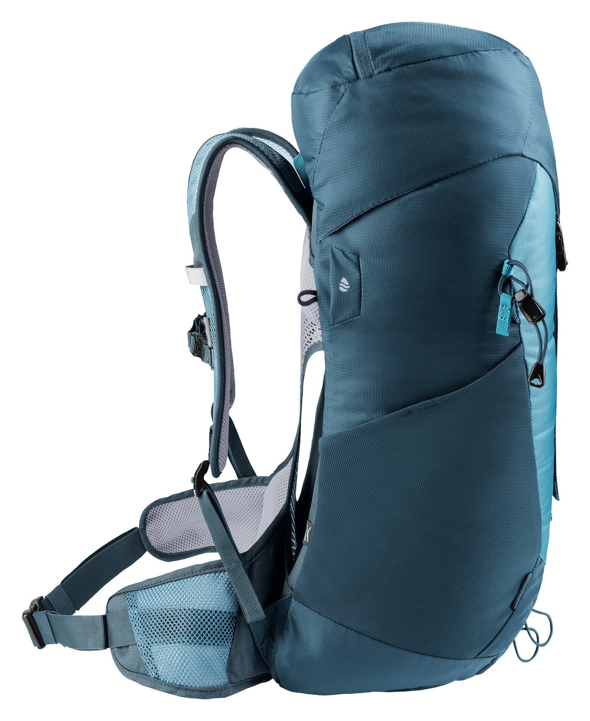 Deuter AC Lite 28 SL in Lagoon Atlantic, side profile showing the gap behind the mesh back