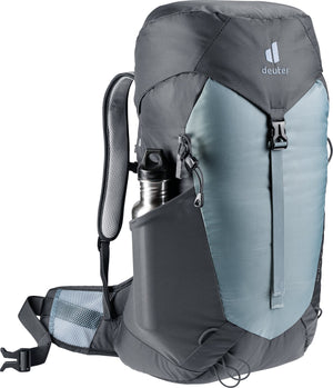 Deuter AC Lite 28 SL in Shale Graphite with a metal drink bottle in the mesh side pocket