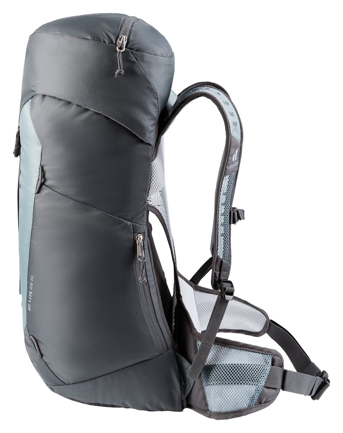 Deuter AC Lite 28 SL in Shale Graphite, side view of the lid and side smartphone pocket