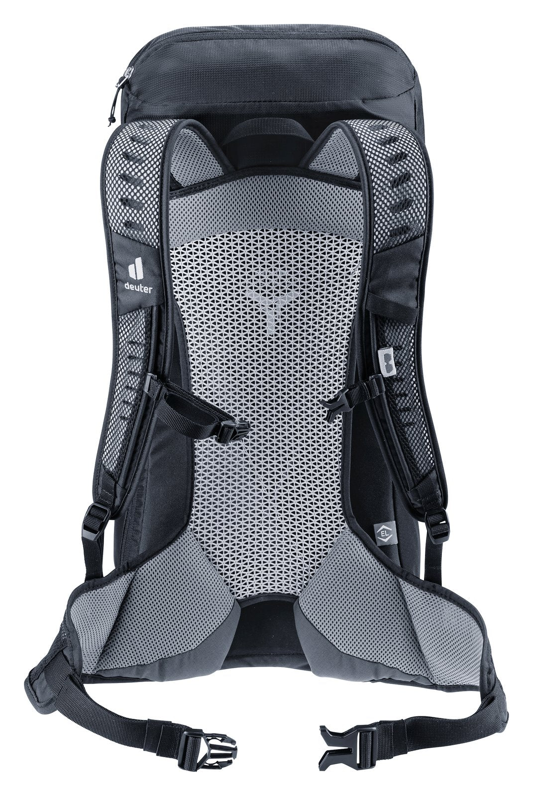Back of the Deuter AC Lite 32 EL showing the Aircomfort mesh panel, shoulder straps and hip fins