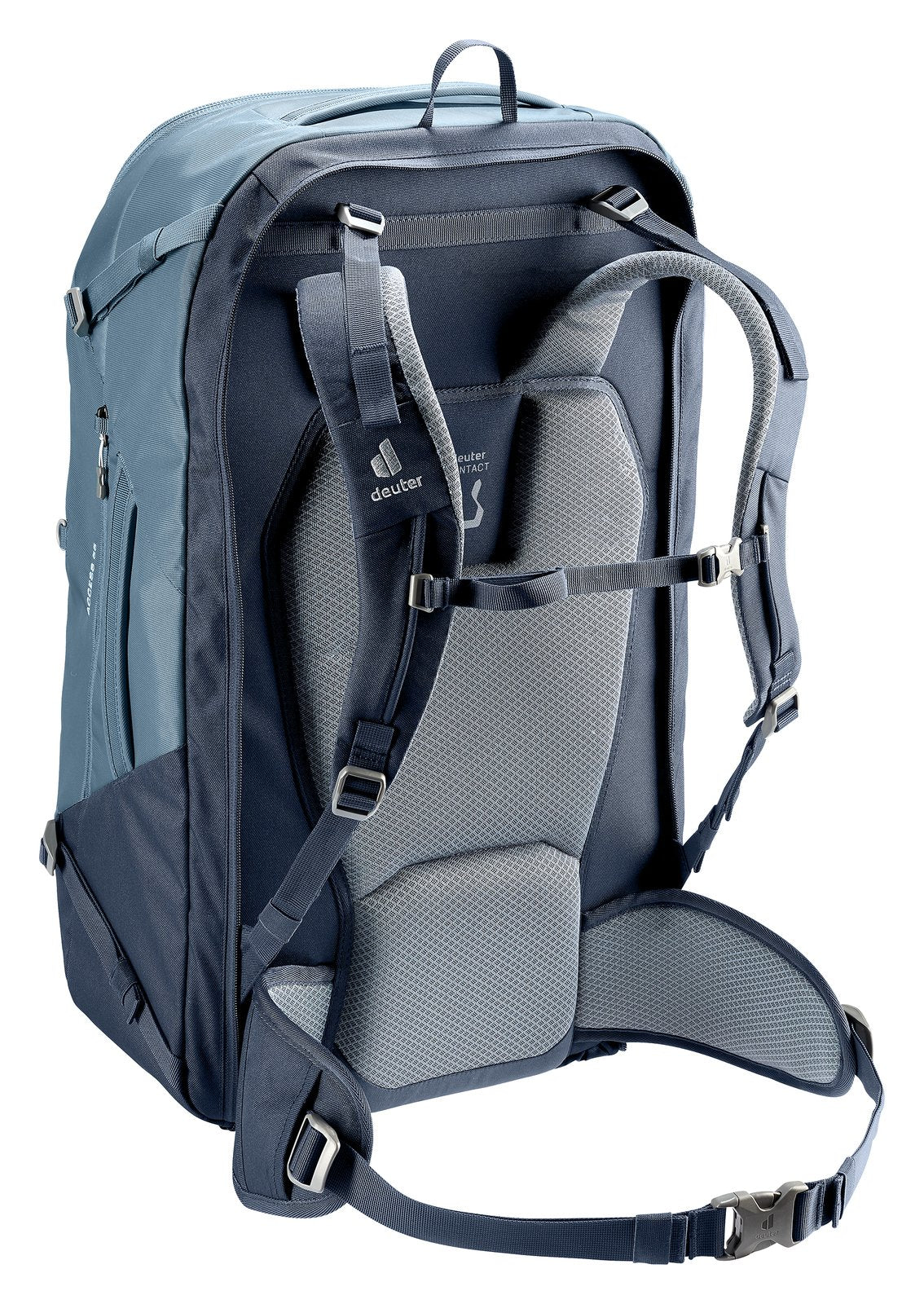 Deuter Access 55 in Atlantic Ink, rear three-quarter view of the harness and grab handle