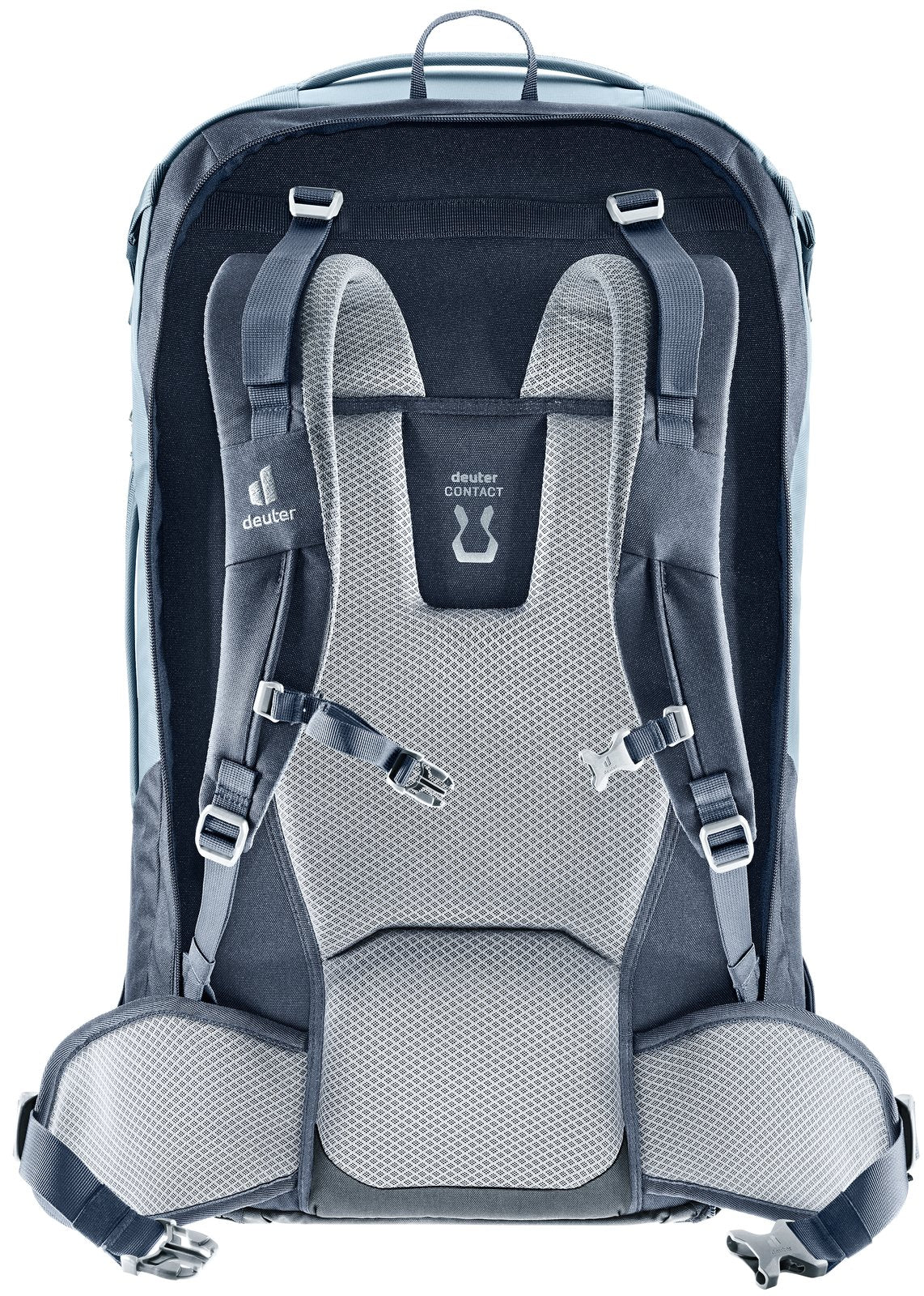 Back of the Deuter Access 55 in Atlantic Ink with shoulder straps, sternum strap and hip fins