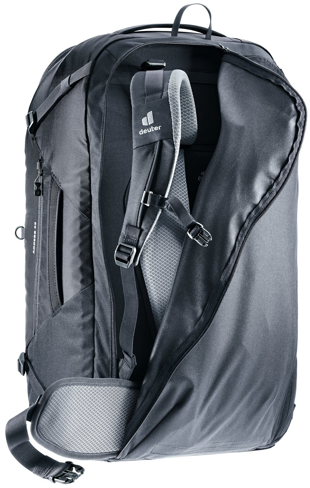 Deuter Access 55 in Black with the harness being zipped away behind its stow cover