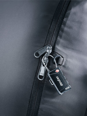 Close-up of the Deuter Access 55 lockable main zip in Black with a padlock (not included)