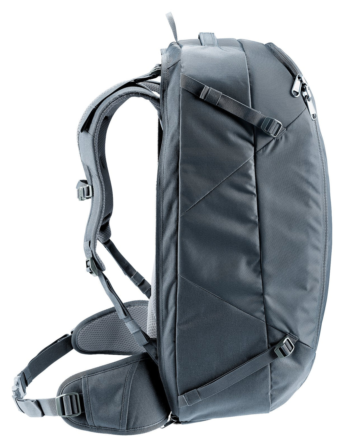 Deuter Access 55 in Black, side profile showing pack depth and side compression straps