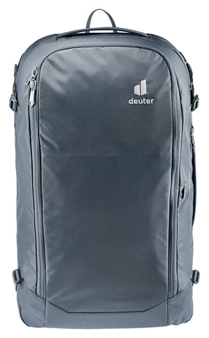 Back of the Deuter Access 55 in Black with the harness zipped away under its stow cover