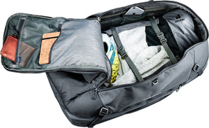 Deuter Access Pro 60 SL in Black laid open and packed with clothes, shoes and inner zipped pockets