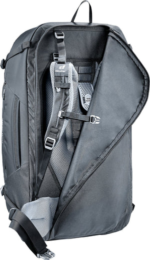 Deuter Access Pro 60 SL in Black with the back cover unzipped and folded open, showing the shoulder harness