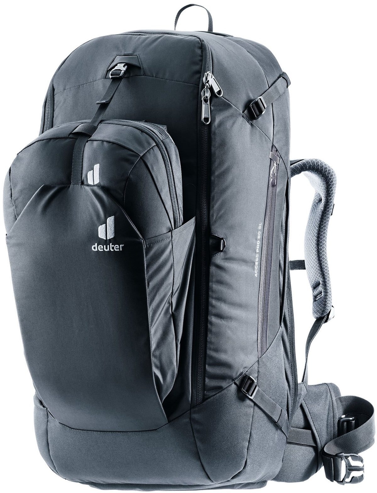 Deuter Access Pro 60 SL women's travel backpack in Black with the daypack zipped to the front
