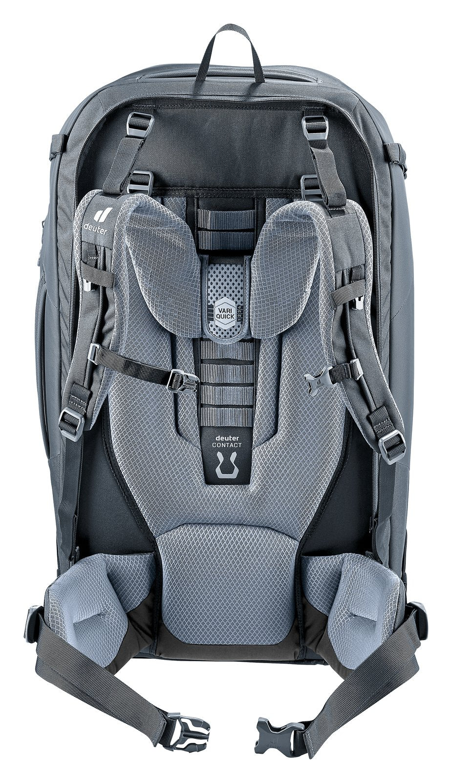 Back of the Deuter Access Pro 60 SL in Black showing Contact back padding, VariQuick ladder and hip fins
