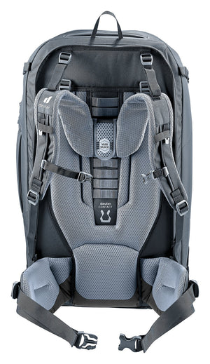 Back of the Deuter Access Pro 60 SL in Black showing Contact back padding, VariQuick ladder and hip fins