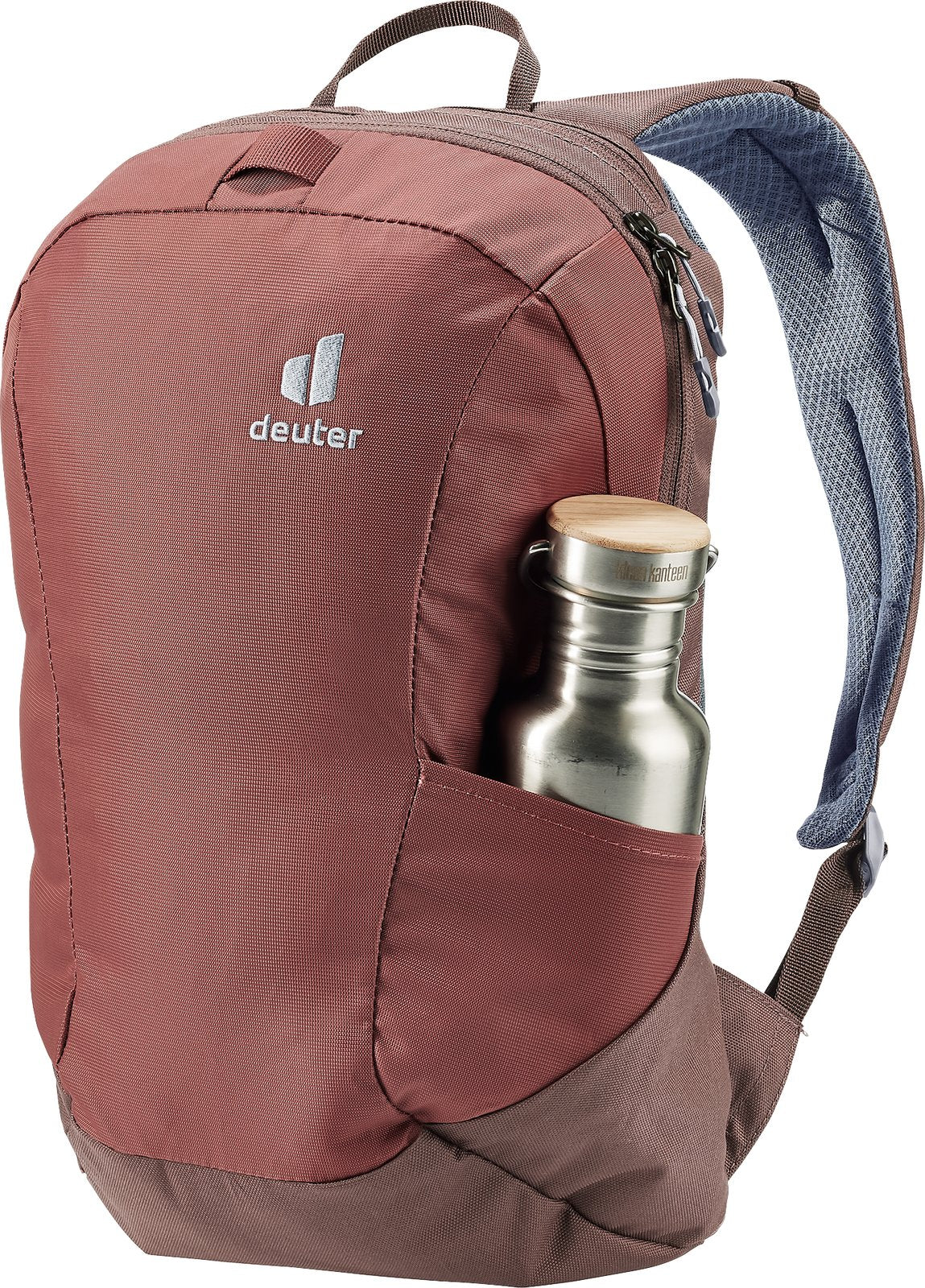 Detachable daypack from the Deuter Access Pro 60 SL in Caspia Raisin with a bottle in the side pocket