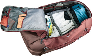 Deuter Access Pro 60 SL in Caspia Raisin laid open and packed, showing the inner compartments