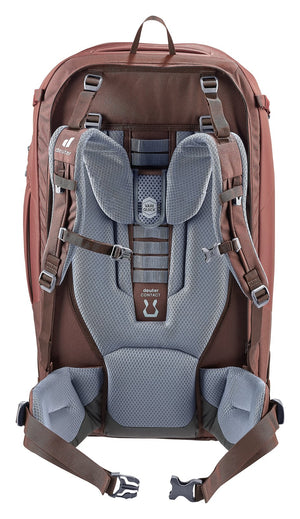 Deuter Access Pro 60 SL in Caspia Raisin, rear view of the padded harness and hip fins