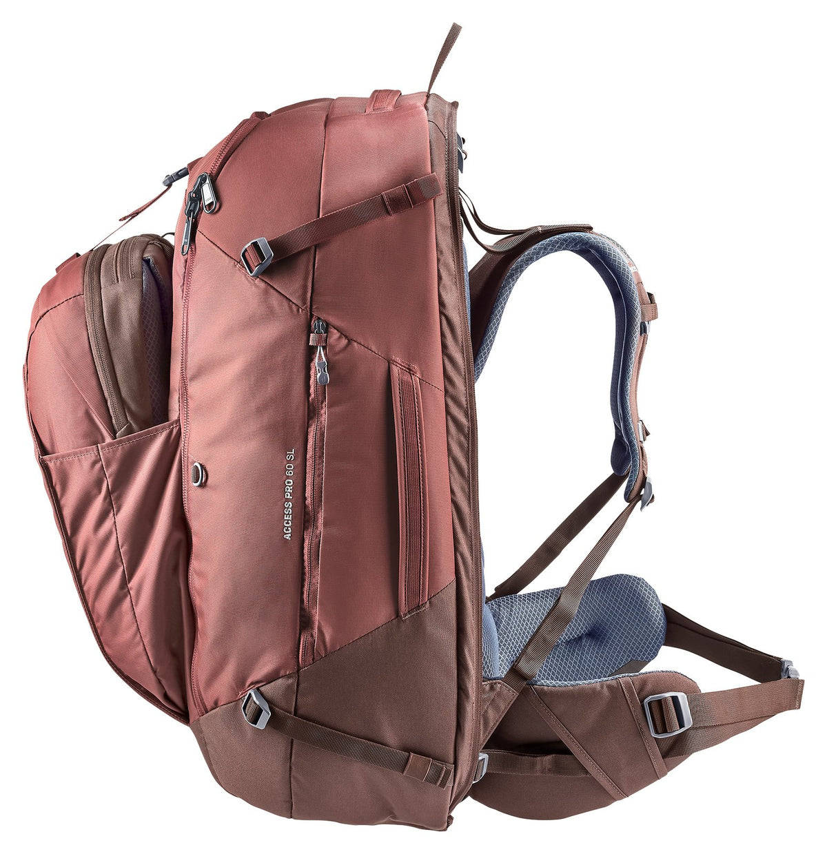 Deuter Access Pro 60 SL in Caspia Raisin, front three-quarter view with daypack and hip fin