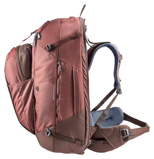Deuter Access Pro 60 SL in Caspia Raisin, front three-quarter view with daypack and hip fin
