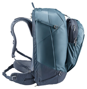 Deuter Access Pro 65 in Atlantic Ink, side profile showing compression straps and hip fin
