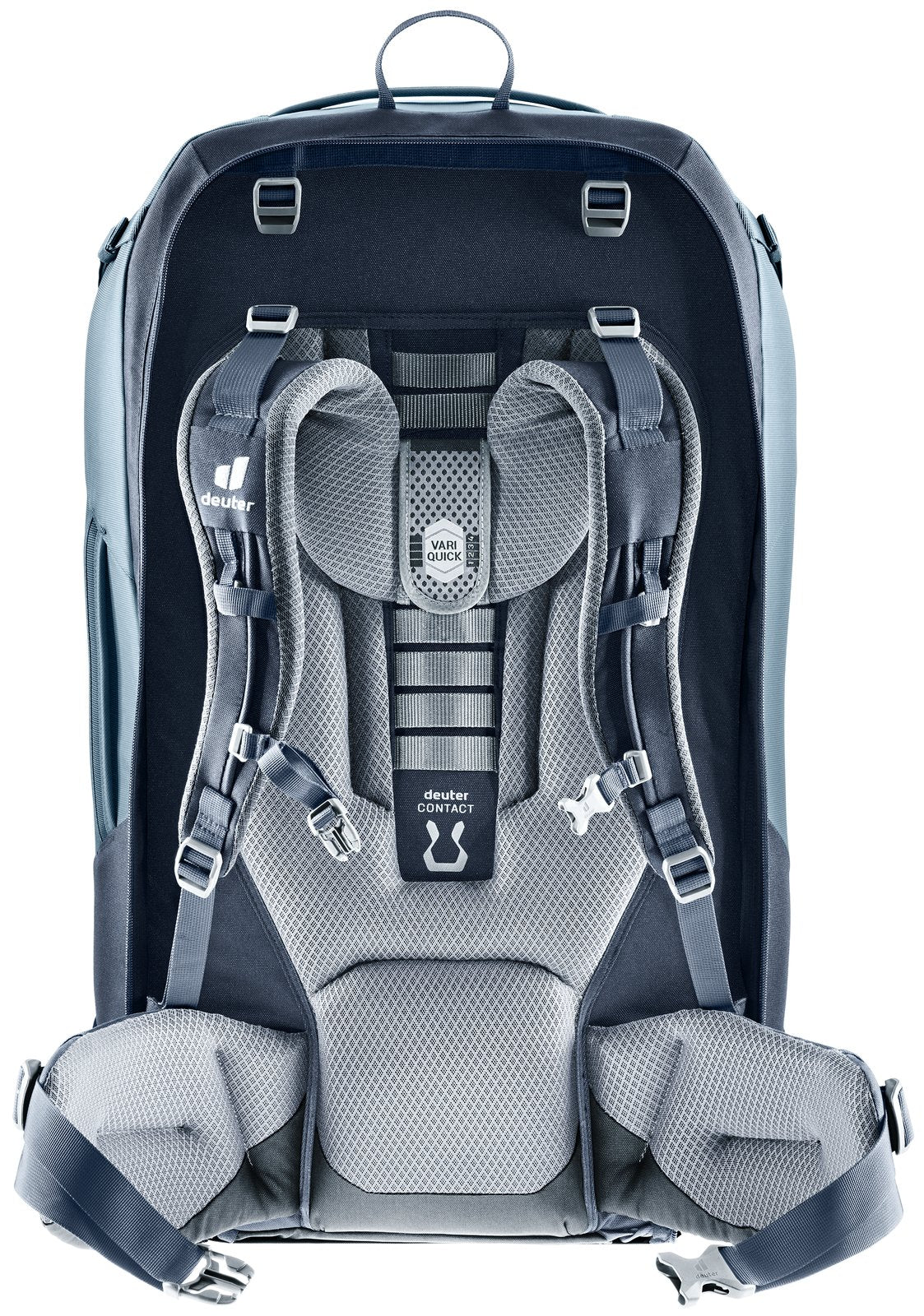 Deuter Access Pro 65 in Atlantic Ink, rear view of the padded harness and hip fins