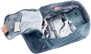 Deuter Access Pro 65 in Atlantic Ink opened through the front zip, showing packed clothes inside