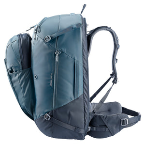 Deuter Access Pro 65 in Atlantic Ink, side view showing the side pocket and attached daypack