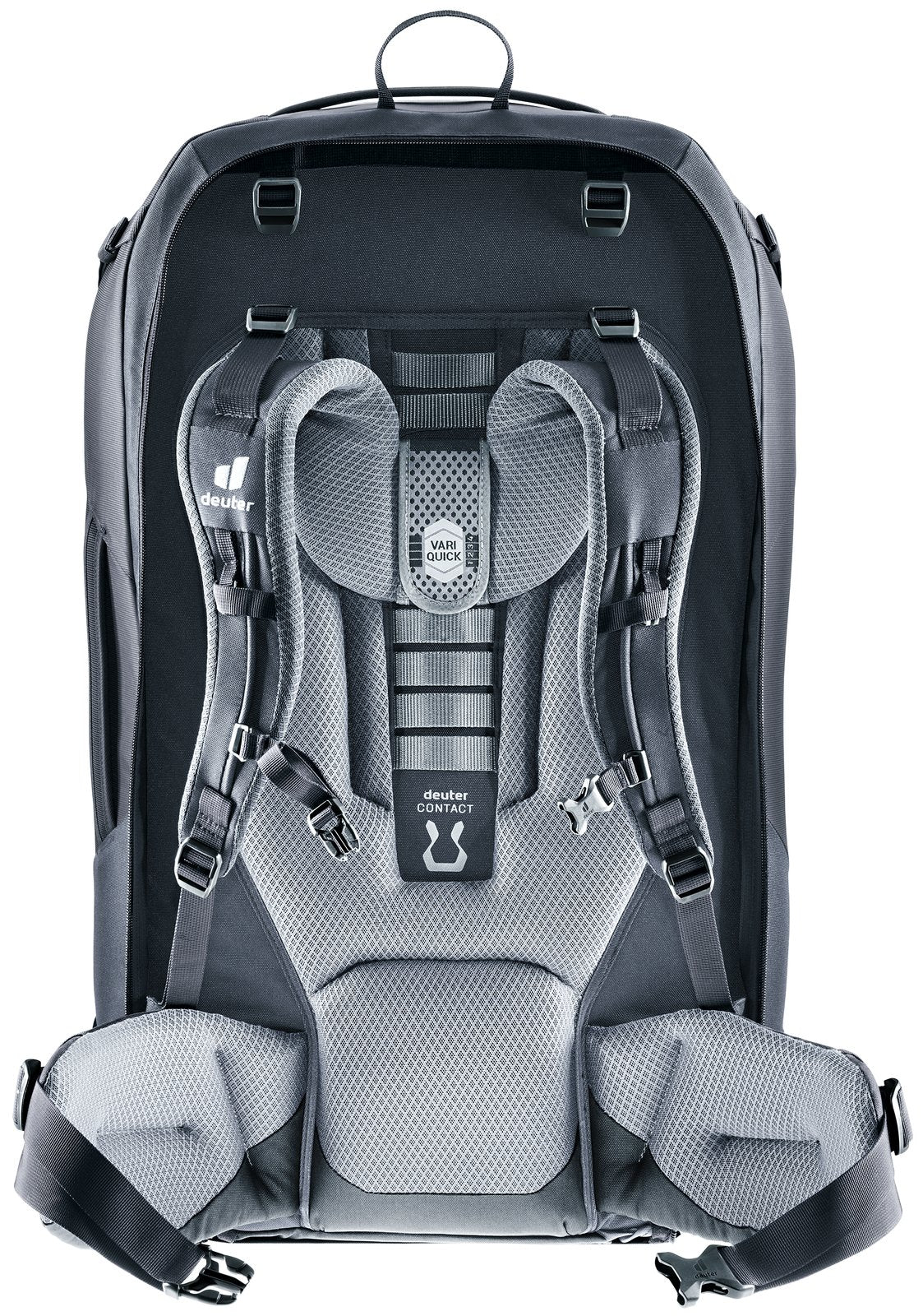 Back of the Deuter Access Pro 65 in Black showing the Contact harness, hip fins and VariQuick ladder
