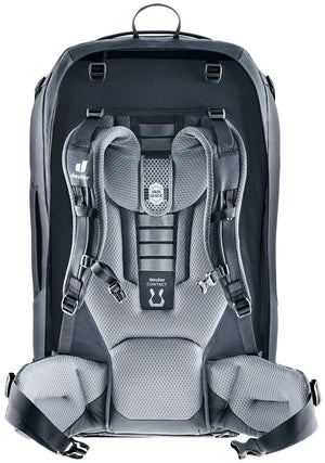 Back of the Deuter Access Pro 65 in Black showing the Contact harness, hip fins and VariQuick ladder