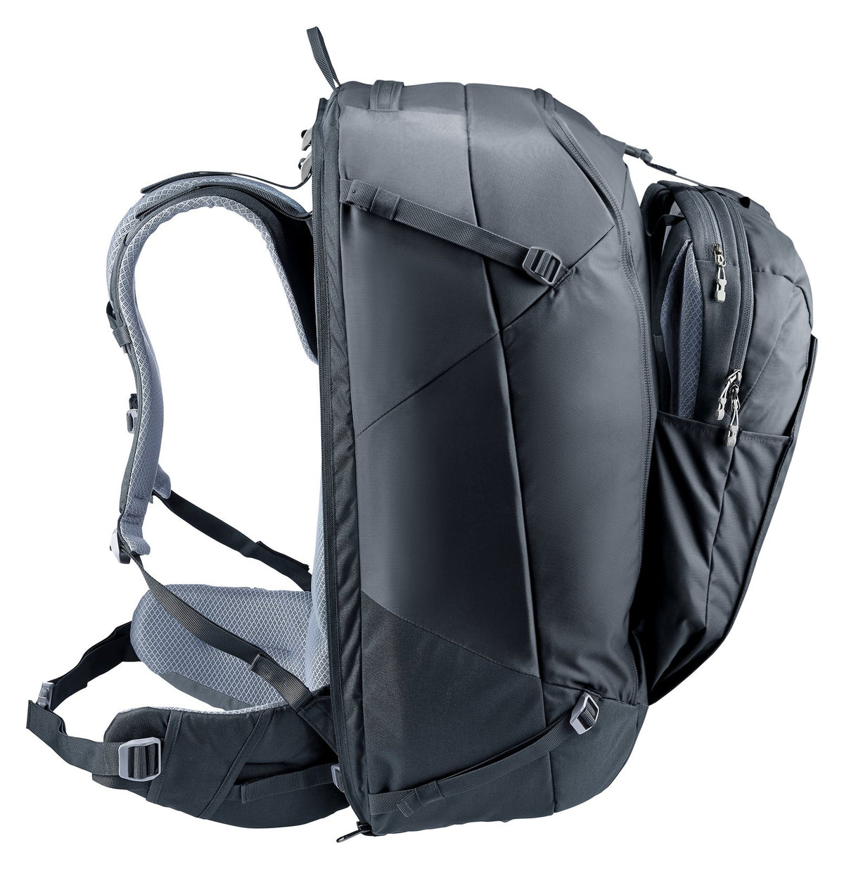 Deuter Access Pro 65 in Black, side profile with the daypack on the front