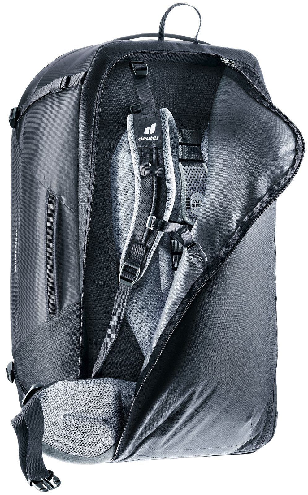 Deuter Access Pro 65 in Black with the harness cover being zipped over the straps for check-in