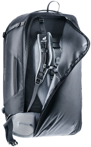 Deuter Access Pro 65 in Black with the harness cover being zipped over the straps for check-in