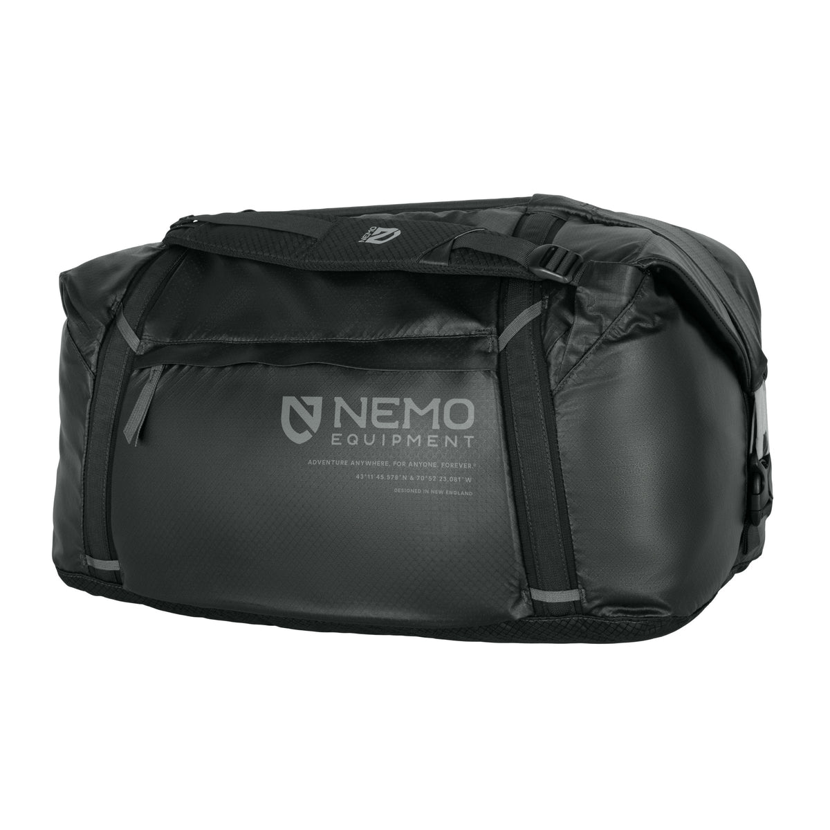 Nemo Double Haul duffel in black, three-quarter view with front pocket and logo