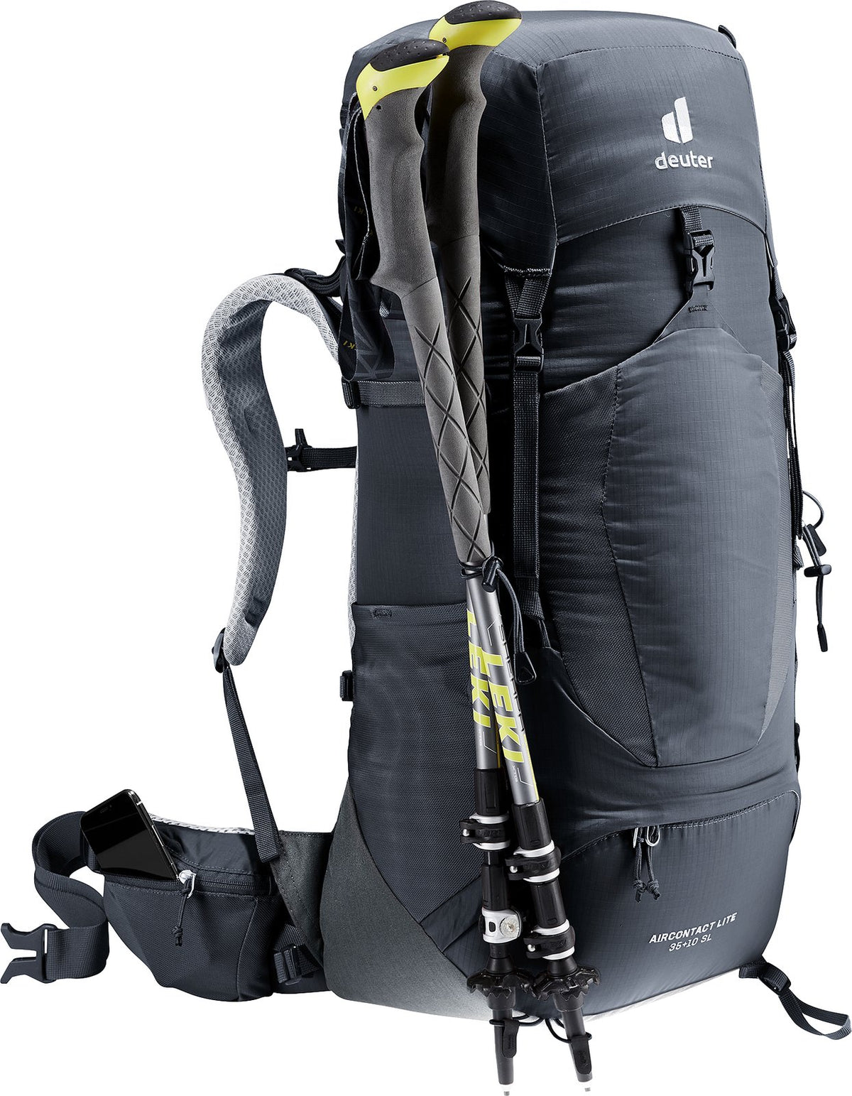 Deuter Aircontact Lite 35 + 10 SL in Black Graphite carrying trekking poles on the pole attachment