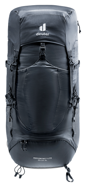 Deuter Aircontact Lite 35 + 10 SL in Black Graphite, straight-on front view of the stretch front pocket