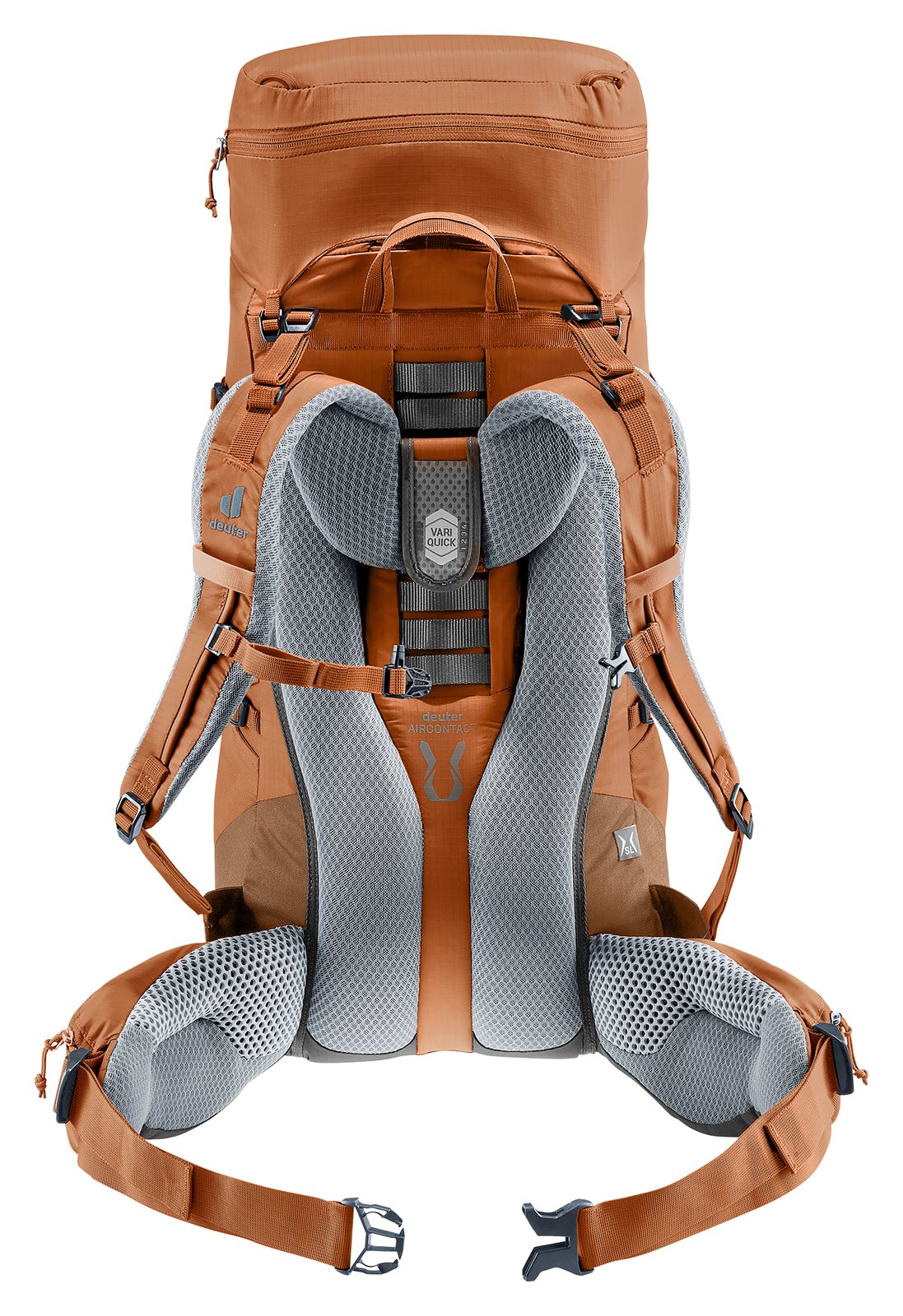 Deuter Aircontact Lite 35 + 10 SL in Pecan Mocha, back panel with ventilation channels and hip fins