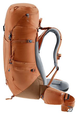 Deuter Aircontact Lite 35 + 10 SL in Pecan Mocha, side three-quarter view of the lid and side pocket