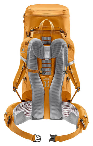 Back of the Deuter Aircontact Lite 40 + 10 in Amber Maple showing back pads and shoulder straps