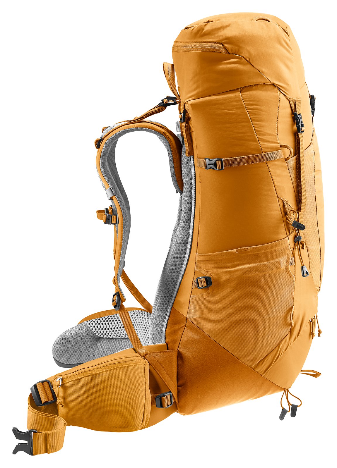 Deuter Aircontact Lite 40 + 10 in Amber Maple, side profile showing shoulder strap and hip fin