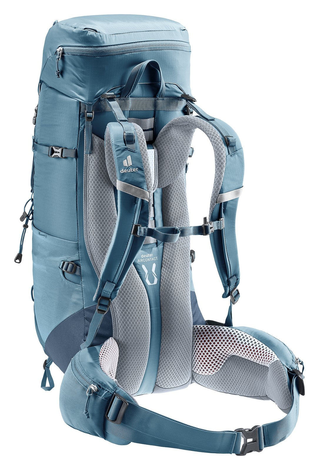 Deuter Aircontact Lite 40 + 10 in Atlantic Ink, rear three-quarter view of the harness