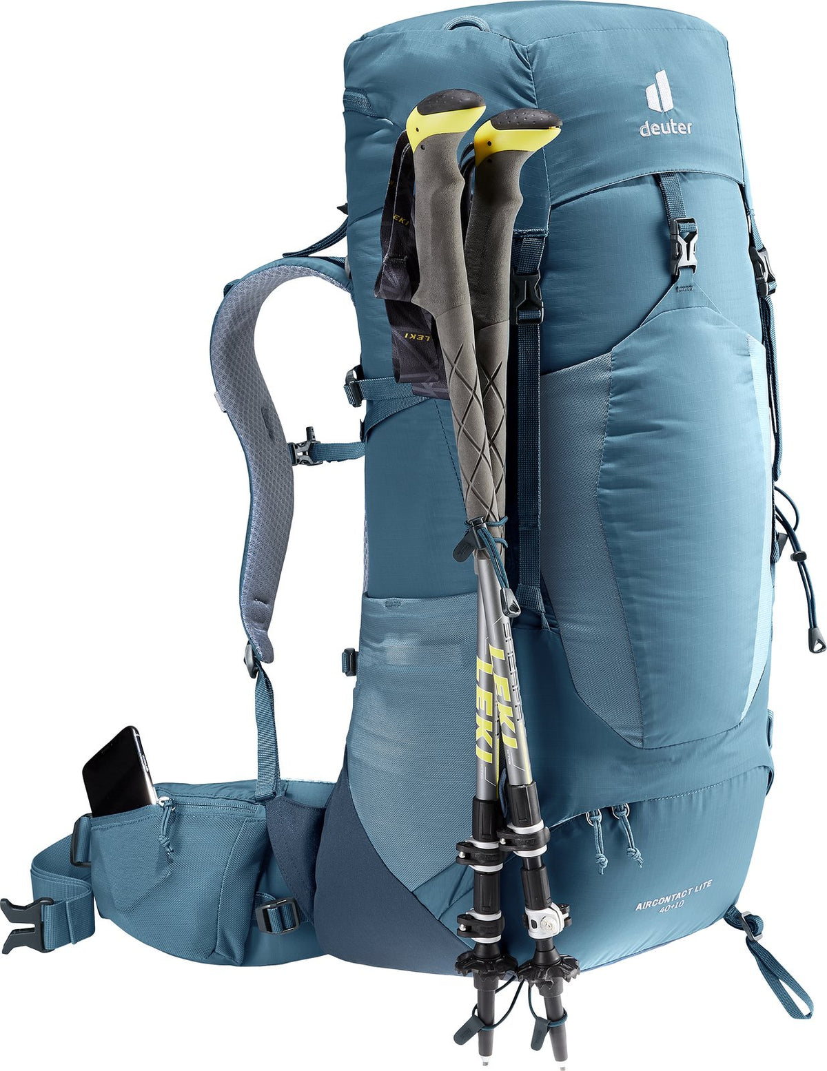 Deuter Aircontact Lite 40 + 10 in Atlantic Ink with trekking poles stowed on the pole attachment