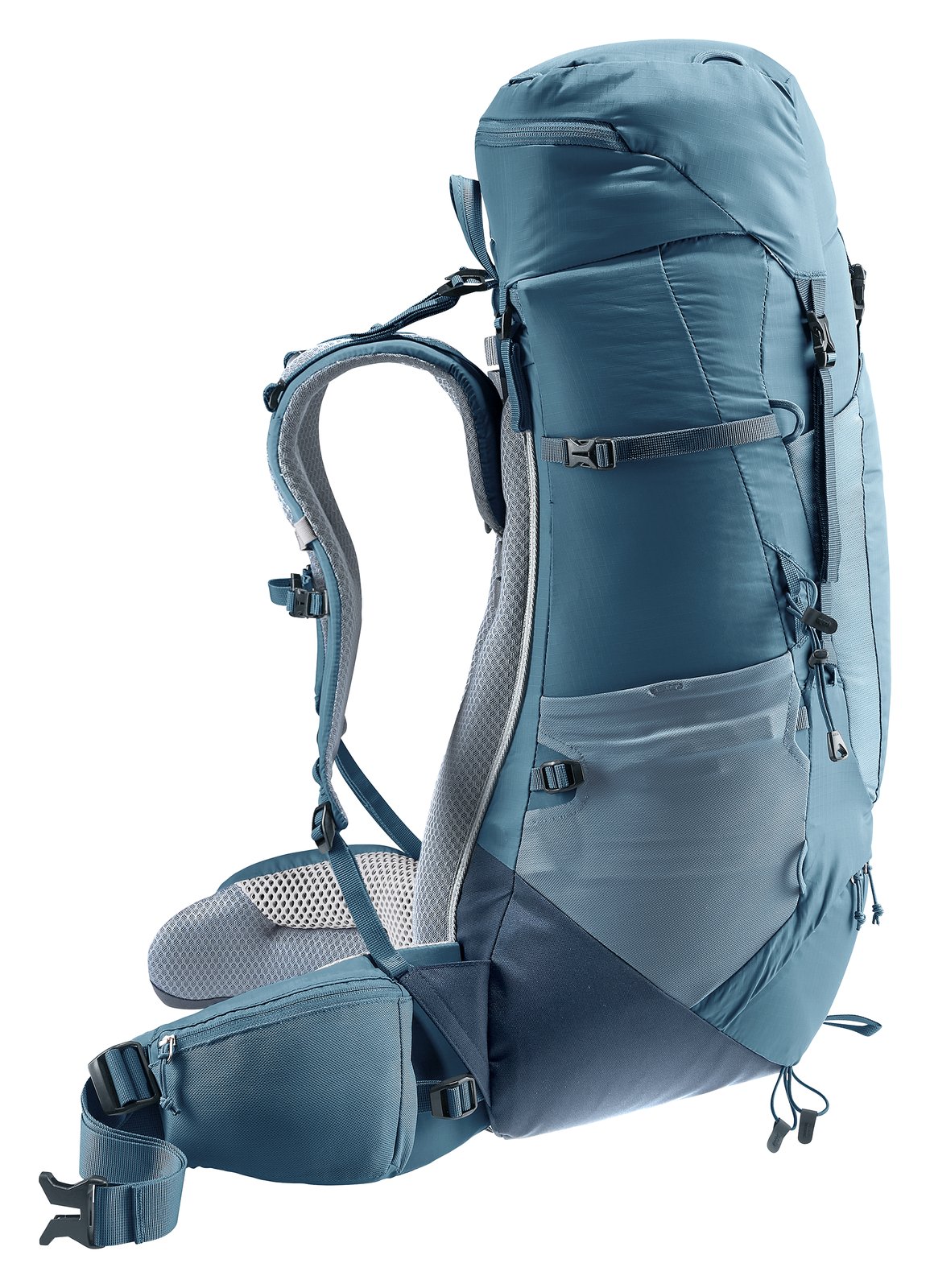 Deuter Aircontact Lite 40 + 10 in Atlantic Ink, side profile with harness and hip belt