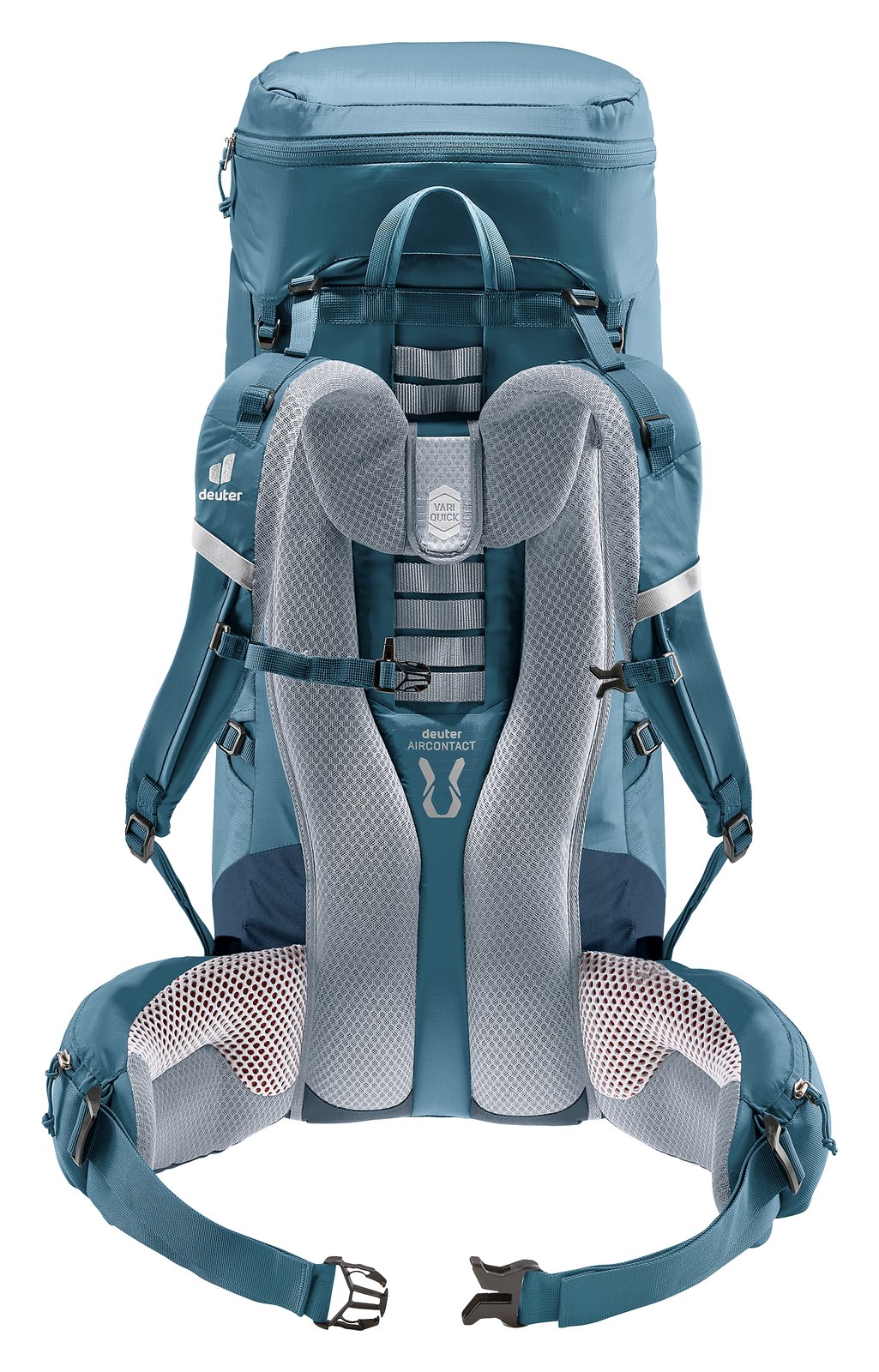Back of the Deuter Aircontact Lite 40 + 10 in Atlantic Ink showing the padded Aircontact back and hip belt