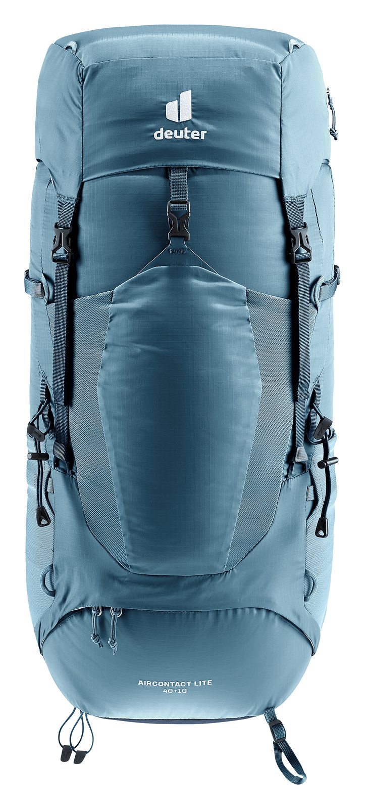Deuter Aircontact Lite 40 + 10 in Atlantic Ink, straight-on front view of the stretch front pocket