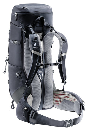 Deuter Aircontact Lite 40 + 10 in Black Graphite, rear three-quarter view of straps and hip belt