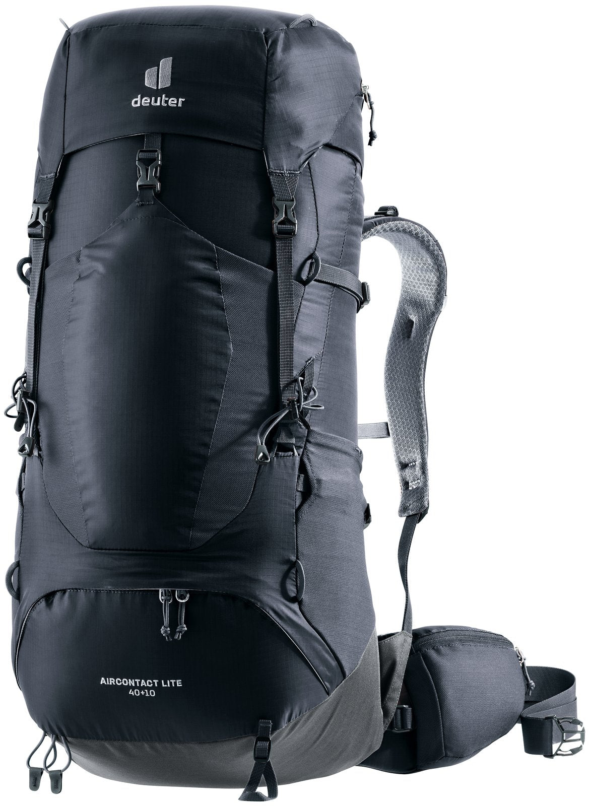 Deuter Aircontact Lite 40 + 10 in Black Graphite, front three-quarter view with hip belt