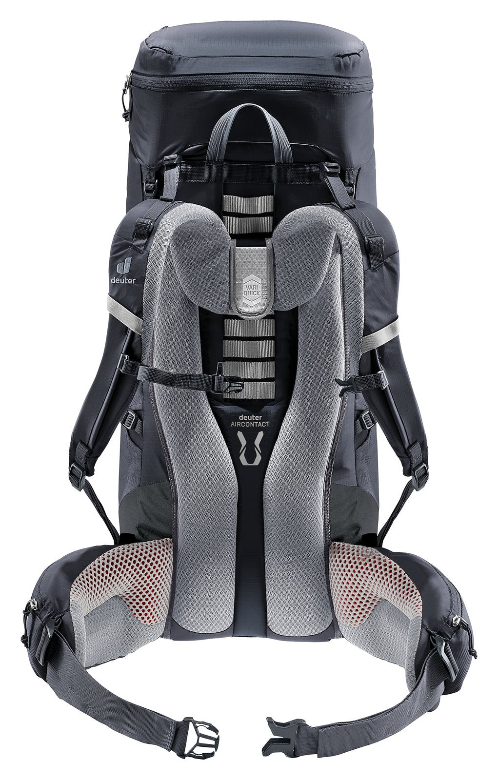 Back of the Deuter Aircontact Lite 40 + 10 in Black Graphite with VariQuick harness and hip fins