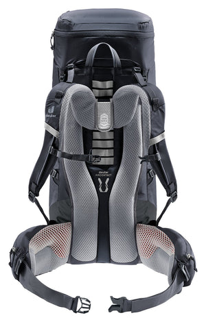 Back of the Deuter Aircontact Lite 40 + 10 in Black Graphite with VariQuick harness and hip fins