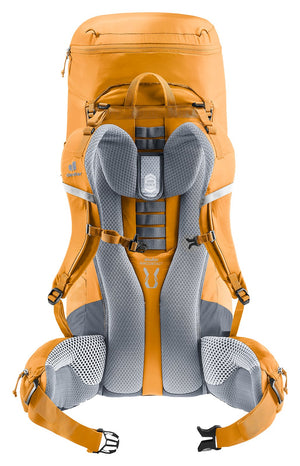 Deuter Aircontact Lite 50 + 10 in Amber Maple from behind, adjustable back and padded hip fins