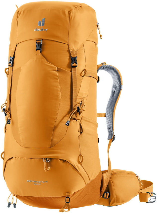 Deuter Aircontact Lite 50 + 10 in Amber Maple, bright orange trekking pack, front three-quarter view