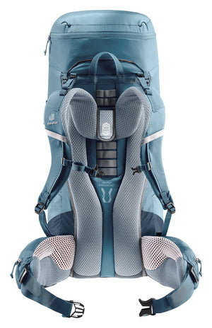 Back of the Deuter Aircontact Lite 50 + 10 in Atlantic Ink showing the VariQuick ladder and foam back pads