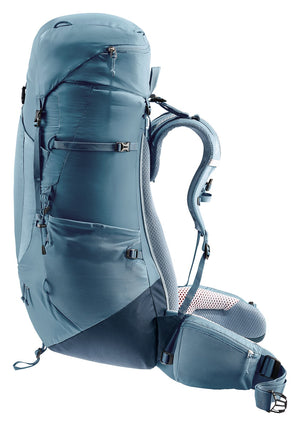 Deuter Aircontact Lite 50 + 10 in Atlantic Ink, front three-quarter view of side pocket and straps